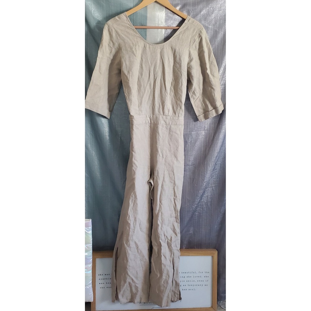 Cloth & Hide Beige 100% Linen Tie Back Cutout Wide Leg Jumpsuit Womens Size 8